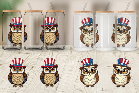 Glass Can Owl Patriotic Sublimation artnoy 