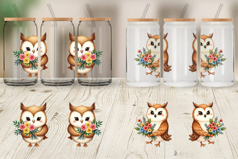 Glass Can Owl Spring Bouquet Sublimation artnoy 