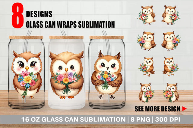 Glass Can Owl Spring Bouquet Sublimation artnoy 