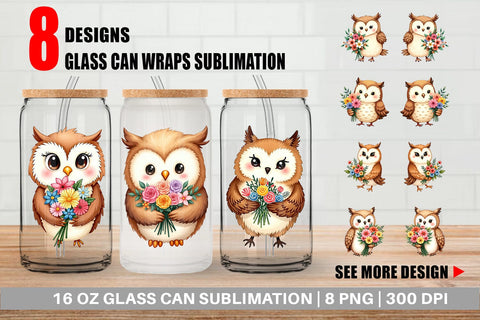 Glass Can Owl Spring Bouquet Sublimation artnoy 