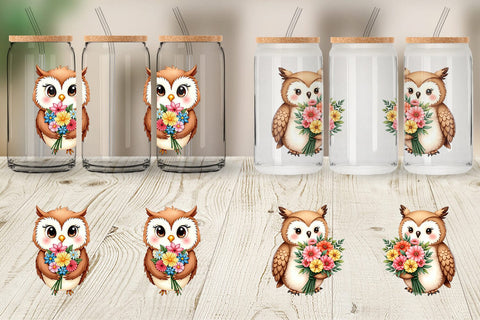 Glass Can Owl Spring Bouquet Sublimation artnoy 