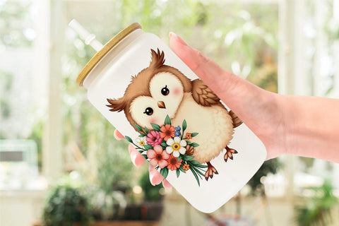 Glass Can Owl Spring Bouquet Sublimation artnoy 