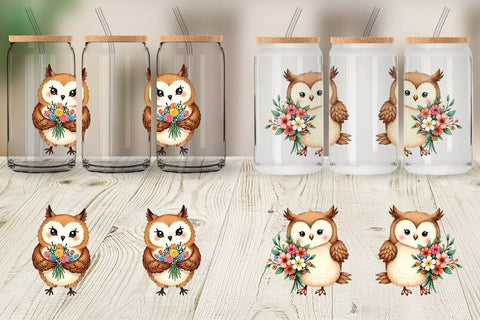 Glass Can Owl Spring Bouquet Sublimation artnoy 