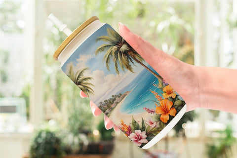 Glass Can Painting Tropical Beach Sublimation artnoy 