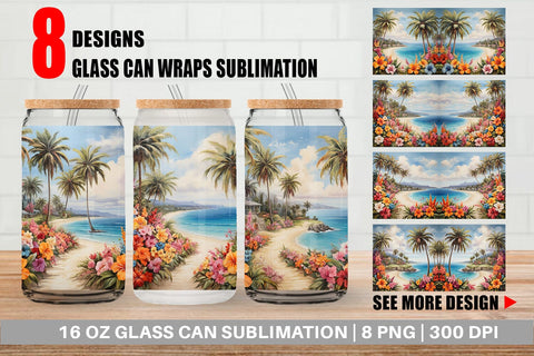 Glass Can Painting Tropical Beach Sublimation artnoy 