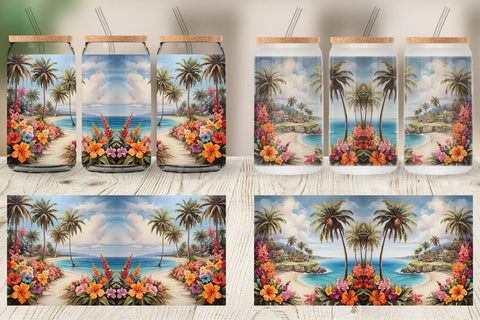 Glass Can Painting Tropical Beach Sublimation artnoy 