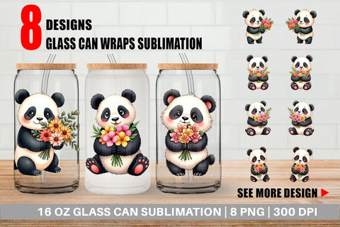 Glass Can Panda Spring Bouquet Sublimation artnoy 