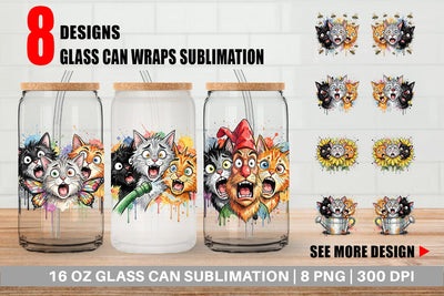 Glass Can Panic Garden Cats Messy Watercolor Sublimation artnoy 