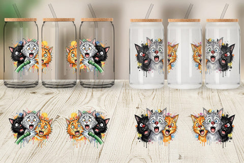Glass Can Panic Garden Cats Messy Watercolor Sublimation artnoy 