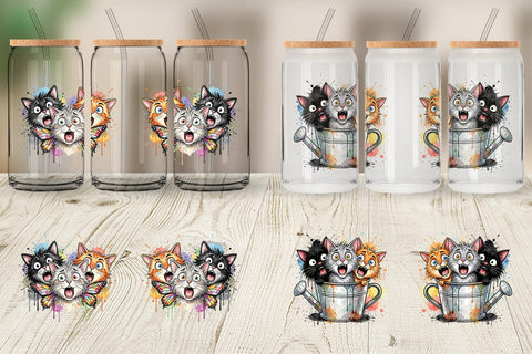 Glass Can Panic Garden Cats Messy Watercolor Sublimation artnoy 