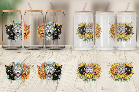 Glass Can Panic Garden Cats Messy Watercolor Sublimation artnoy 