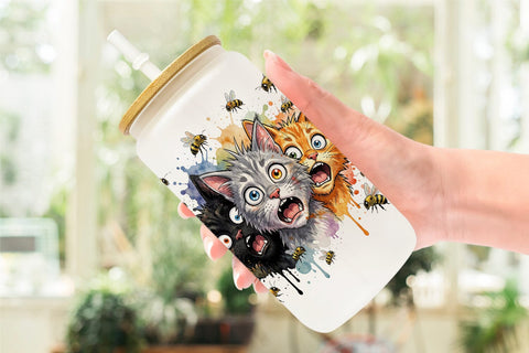 Glass Can Panic Garden Cats Messy Watercolor Sublimation artnoy 