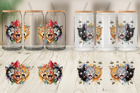 Glass Can Panic Garden Cats Messy Watercolor Sublimation artnoy 