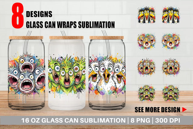 Glass Can Panic Tropical Animals Messy Watercolor Sublimation artnoy 