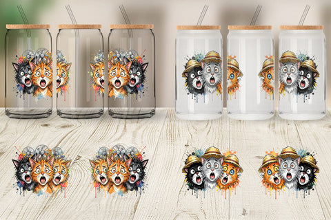 Glass Can Panic Tropical Cats Messy Watercolor Sublimation artnoy 
