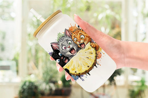 Glass Can Panic Tropical Cats Messy Watercolor Sublimation artnoy 