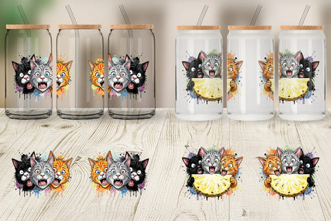 Glass Can Panic Tropical Cats Messy Watercolor Sublimation artnoy 