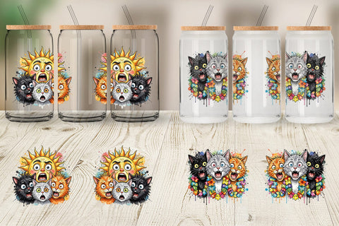 Glass Can Panic Tropical Cats Messy Watercolor Sublimation artnoy 