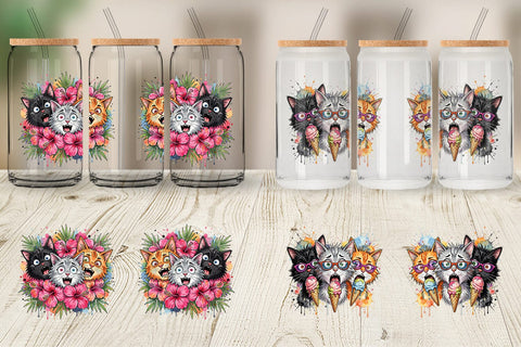 Glass Can Panic Tropical Cats Messy Watercolor Sublimation artnoy 