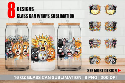 Glass Can Panic Tropical Cats Messy Watercolor Sublimation artnoy 