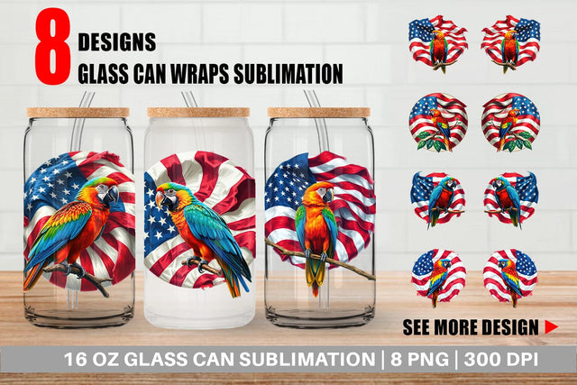 Glass Can Parrot 4th of July Sublimation artnoy 