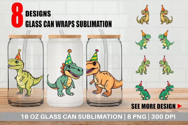 Glass Can Party Hat Dino Sublimation artnoy 