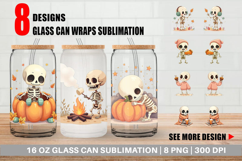 Glass Can Pastel Fall Skeletons Sublimation artnoy 