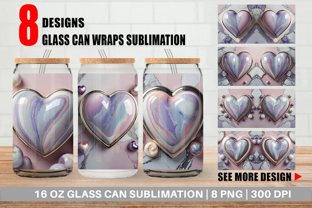 Glass Can Pastel Heart Marble Sublimation artnoy 