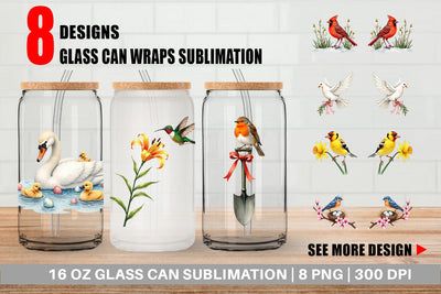 Glass Can Pastel Spring Birds & Blooms Watercolor Sublimation artnoy 