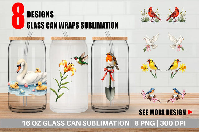 Glass Can Pastel Spring Birds & Blooms Watercolor Sublimation artnoy 
