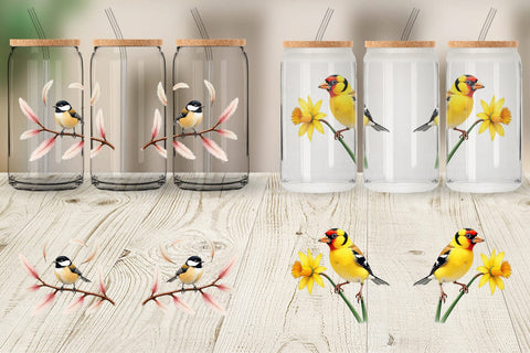 Glass Can Pastel Spring Birds & Blooms Watercolor Sublimation artnoy 