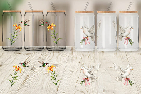 Glass Can Pastel Spring Birds & Blooms Watercolor Sublimation artnoy 