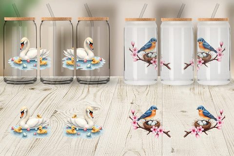 Glass Can Pastel Spring Birds & Blooms Watercolor Sublimation artnoy 