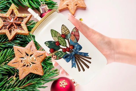 Glass Can Patchwork Christmas Folk Art Sublimation artnoy 