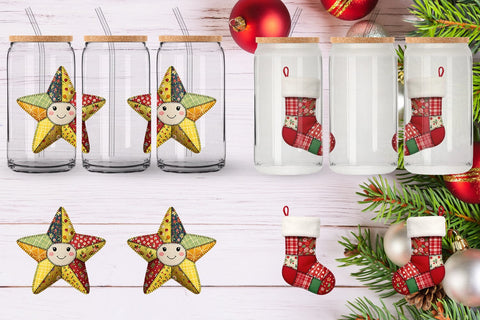 Glass Can Patchwork Christmas Folk Art Sublimation artnoy 