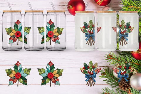Glass Can Patchwork Christmas Folk Art Sublimation artnoy 