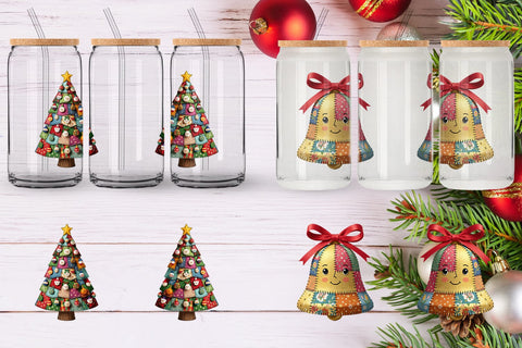 Glass Can Patchwork Christmas Folk Art Sublimation artnoy 
