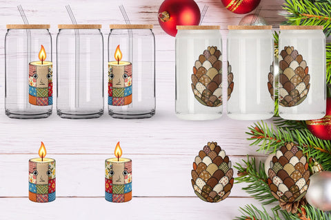 Glass Can Patchwork Christmas Folk Art Sublimation artnoy 
