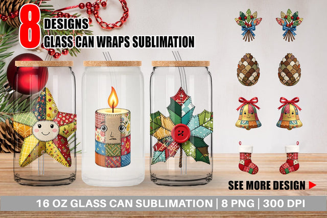 Glass Can Patchwork Christmas Folk Art Sublimation artnoy 
