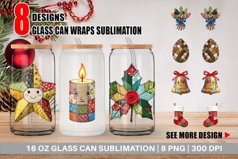 Glass Can Patchwork Christmas Folk Art Sublimation artnoy 