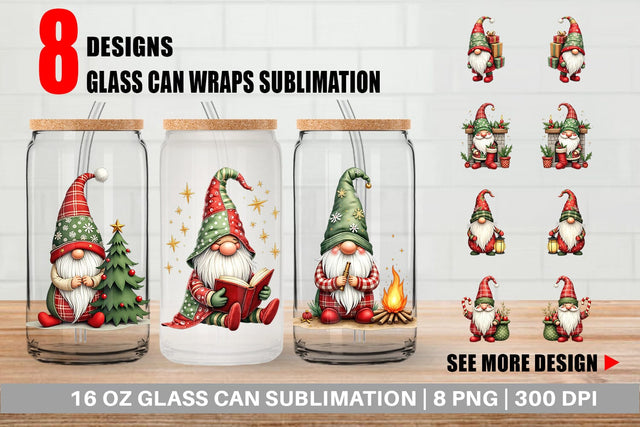Glass Can Patchwork Christmas Gnome Sublimation artnoy 