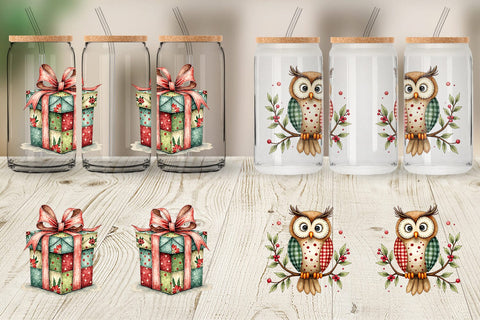 Glass Can Patchwork Christmas Watercolor Sublimation artnoy 