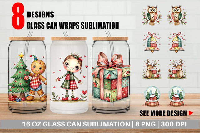 Glass Can Patchwork Christmas Watercolor Sublimation artnoy 