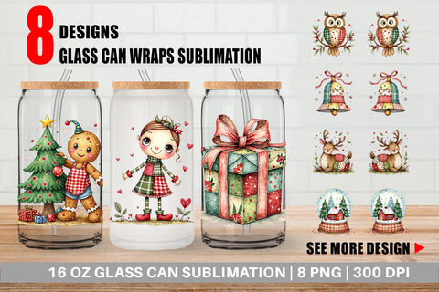 Glass Can Patchwork Christmas Watercolor Sublimation artnoy 