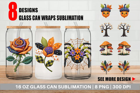 Glass Can Patchwork Halloween Botanicals Sublimation artnoy 