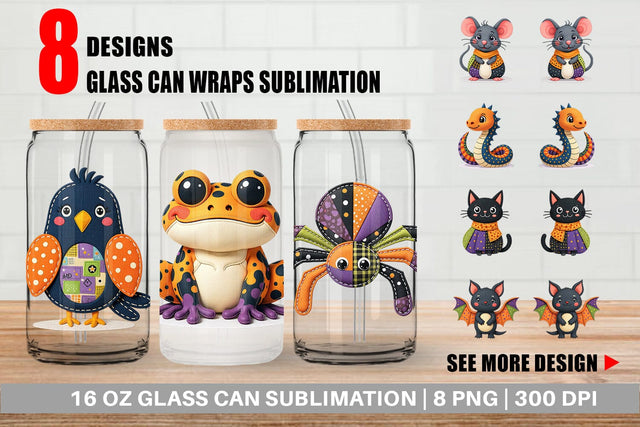 Glass Can Patchwork Halloween Critters Sublimation artnoy 