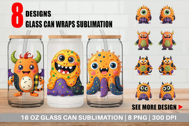 Glass Can Patchwork Halloween Monsters Sublimation artnoy 
