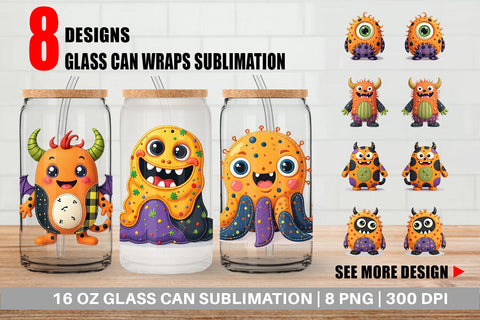Glass Can Patchwork Halloween Monsters Sublimation artnoy 