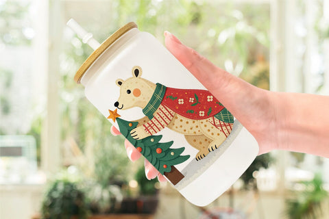 Glass Can Patchwork Polar Bear Sublimation artnoy 