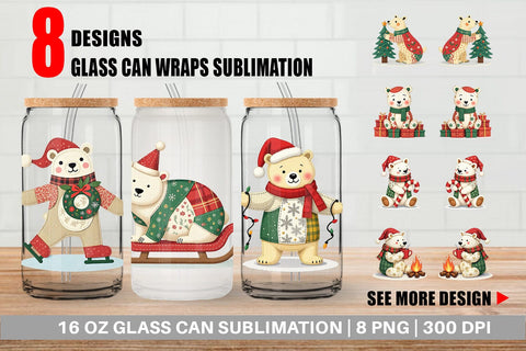 Glass Can Patchwork Polar Bear Sublimation artnoy 